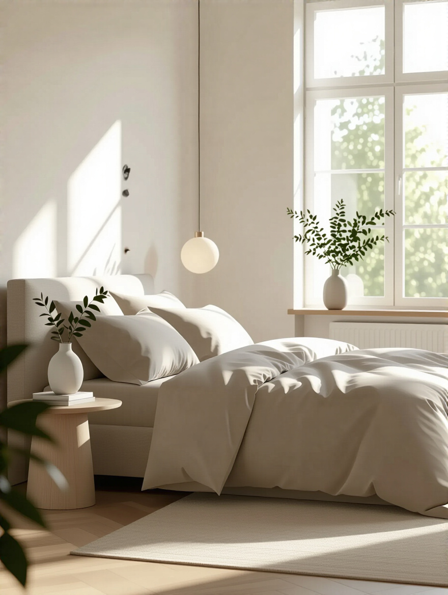 A serene and immaculately clean master bedroom with a neatly made bed, organized bedside table, and bright natural light, showcasing the tranquility achieved by a consistent decluttering and cleaning routine.