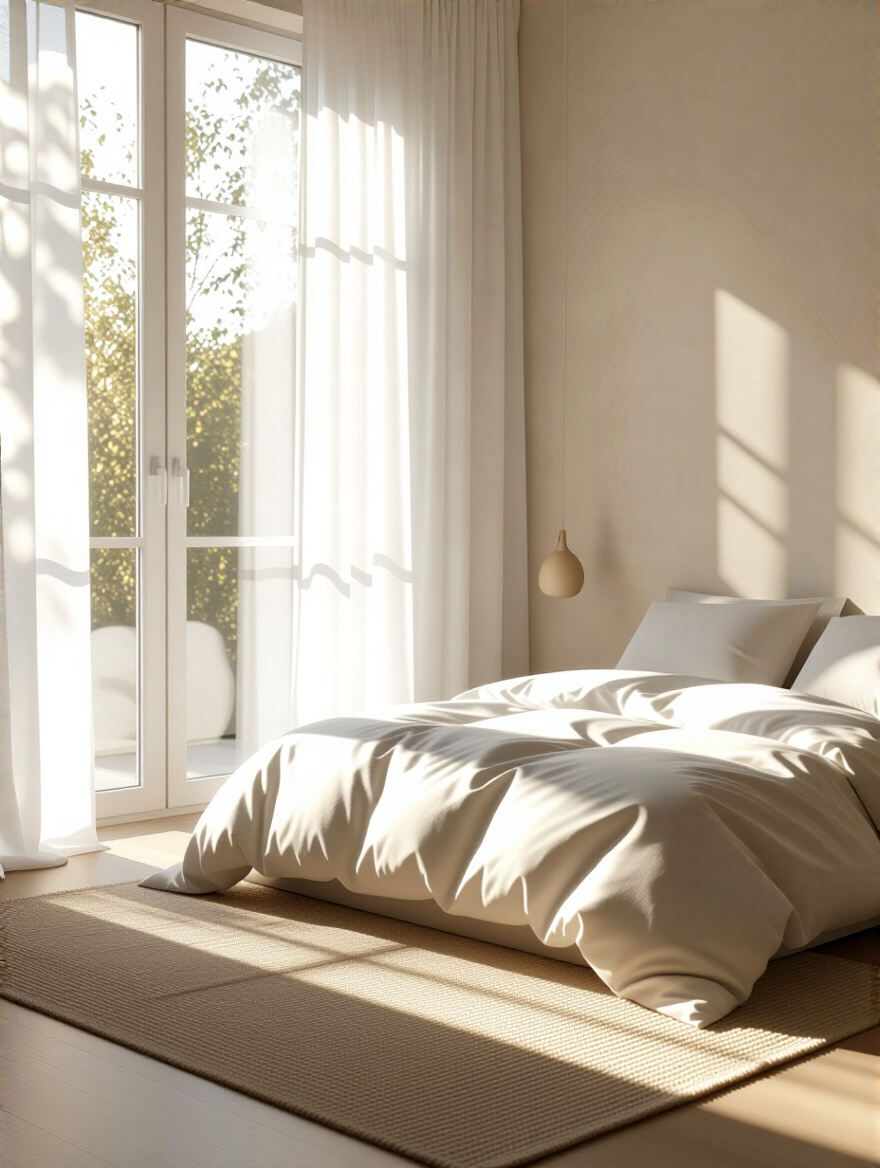 Bedroom with soft morning natural light filtering through sheer curtains, highlighting serene interior design, evaluating light potential.