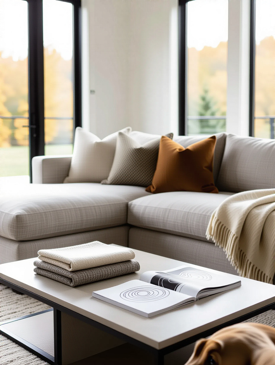 A beautifully styled living room featuring a robust, comfortable sofa with various fabric swatches and a notepad, representing the evaluation of household lifestyle needs for couch durability and comfort.