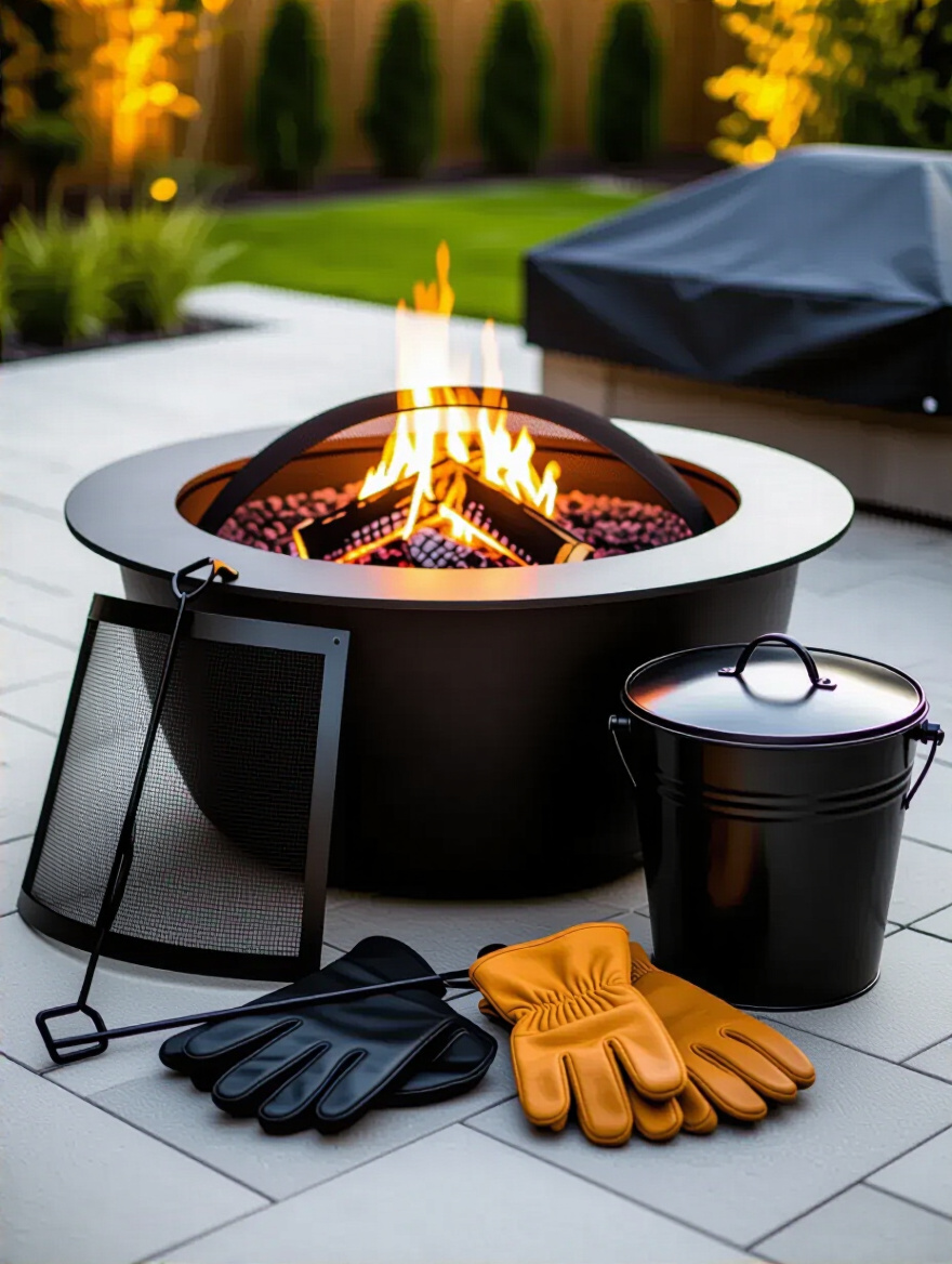 Collection of essential fire pit accessories including spark screen, poker, heat-resistant gloves, ash bucket, and fire pit cover, arranged on a patio.