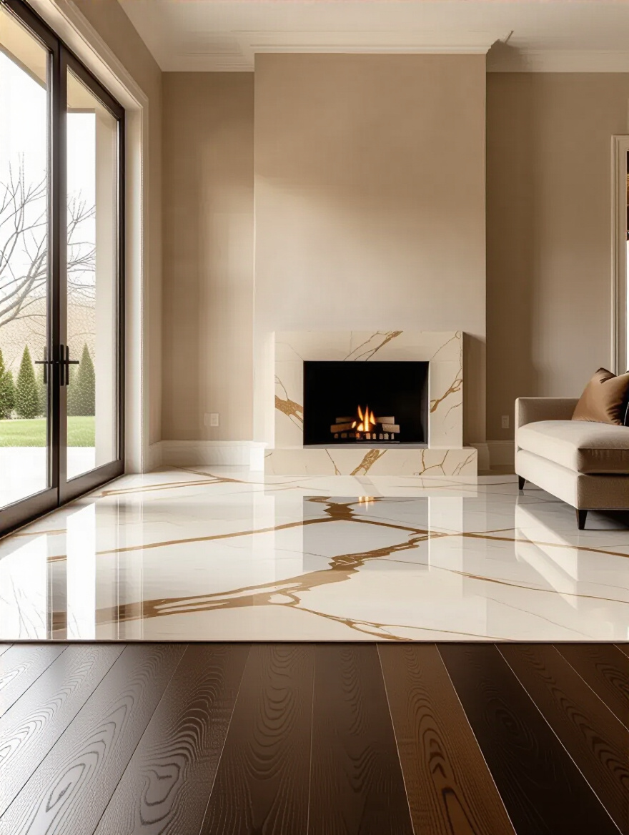 Luxurious living room featuring polished Italian Calacatta Gold marble floor tiles and textured Venetian plaster walls, harmonizing premium hard surfaces.