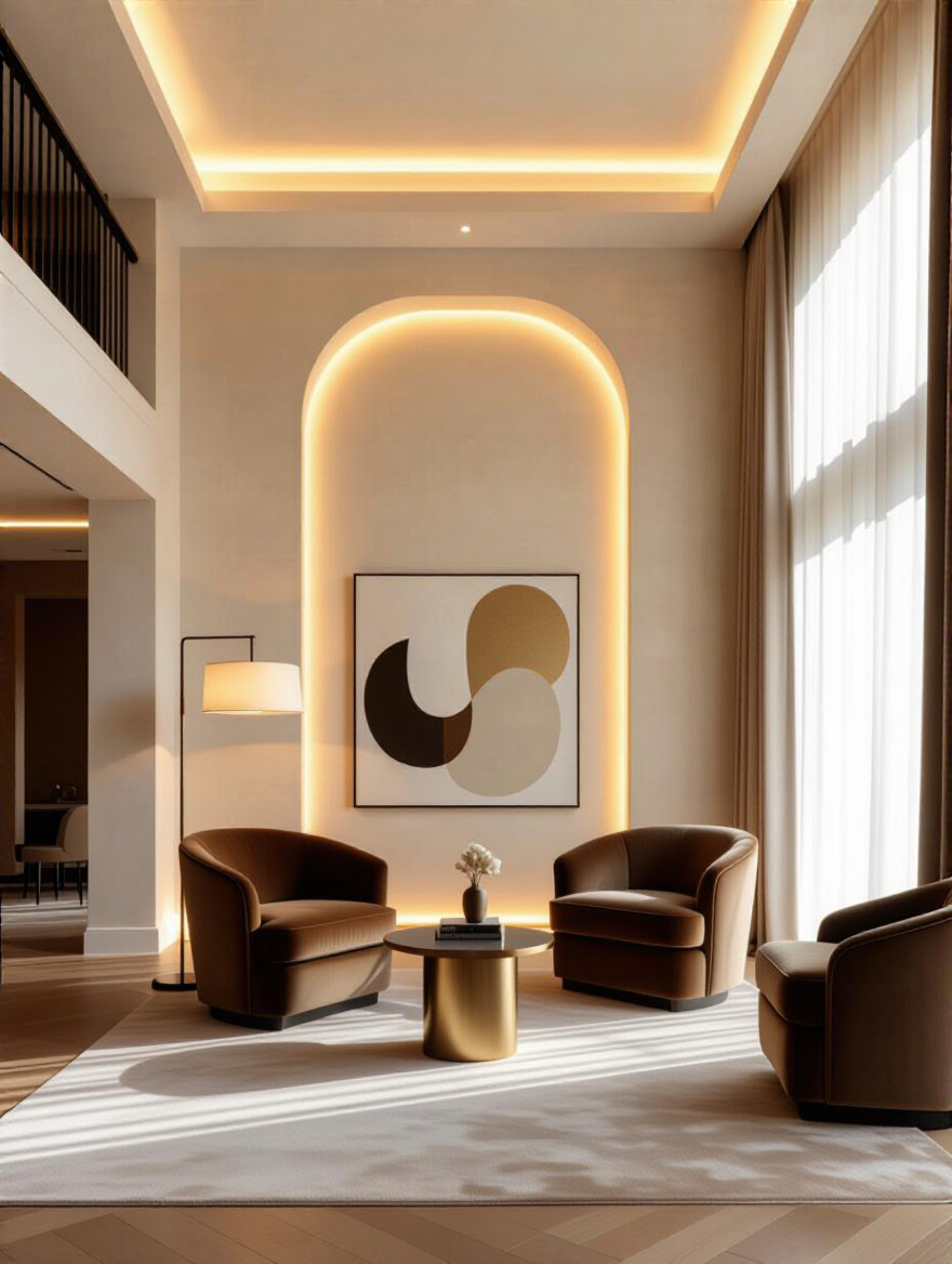 A luxurious living room bathed in the warm glow of a multi-layered lighting scheme, showcasing recessed lighting, floor lamps, and architectural LED strips, with no people.