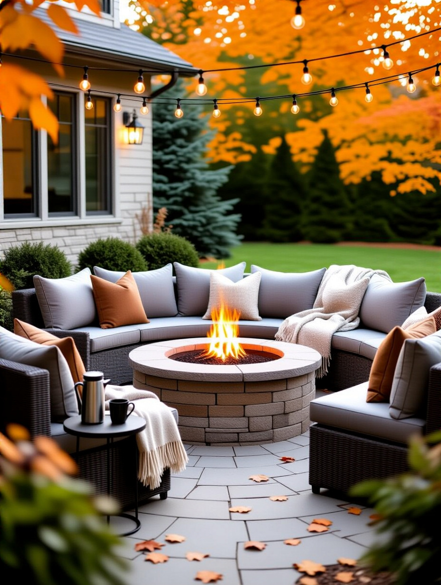 Clean and well-maintained modern fire pit in a backyard, ready for use, emphasizing a regular fire pit cleaning schedule.
