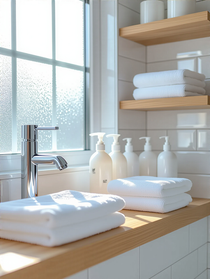 A pristine bathroom with neatly arranged cleaning supplies, highlighting a well-maintained, shining space after a budget-friendly makeover.