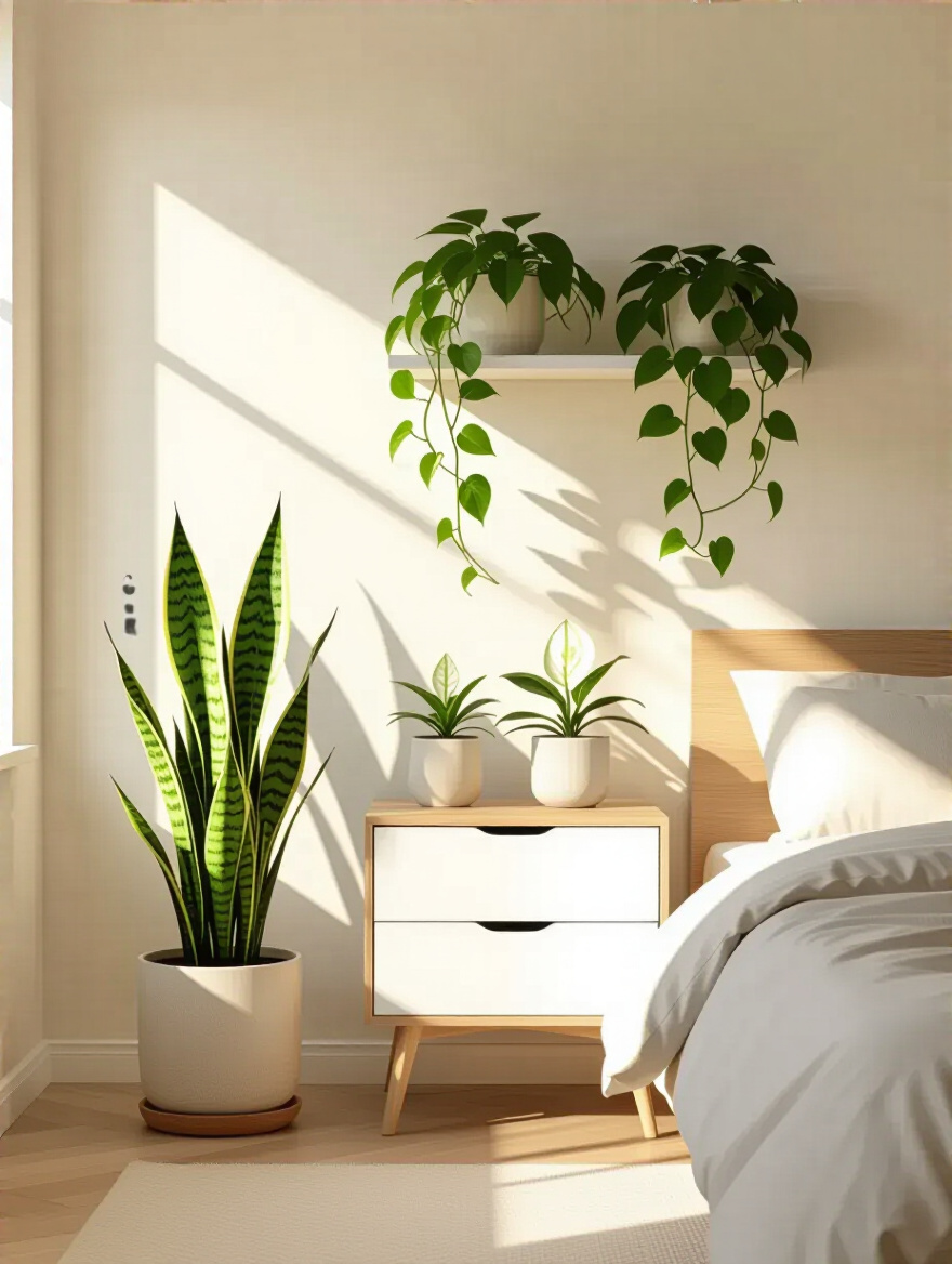 Master bedroom with various indoor plants, including a tall snake plant, trailing pothos, and a peace lily, creating a fresh and serene atmosphere.