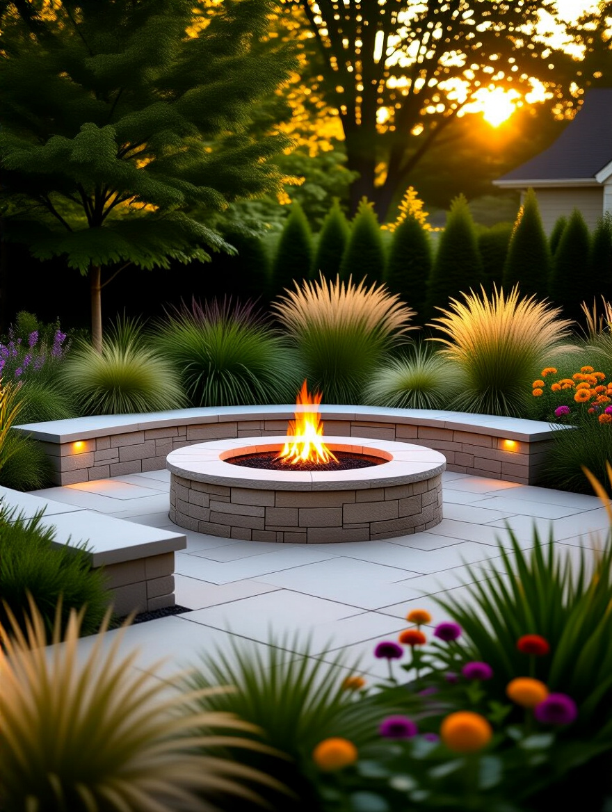 A professional, full-scene portrait view of a circular stone fire pit seamlessly integrated into backyard landscaping, surrounded by pavers, ornamental grasses, shrubs, and perennials with subtle path lighting during golden hour.