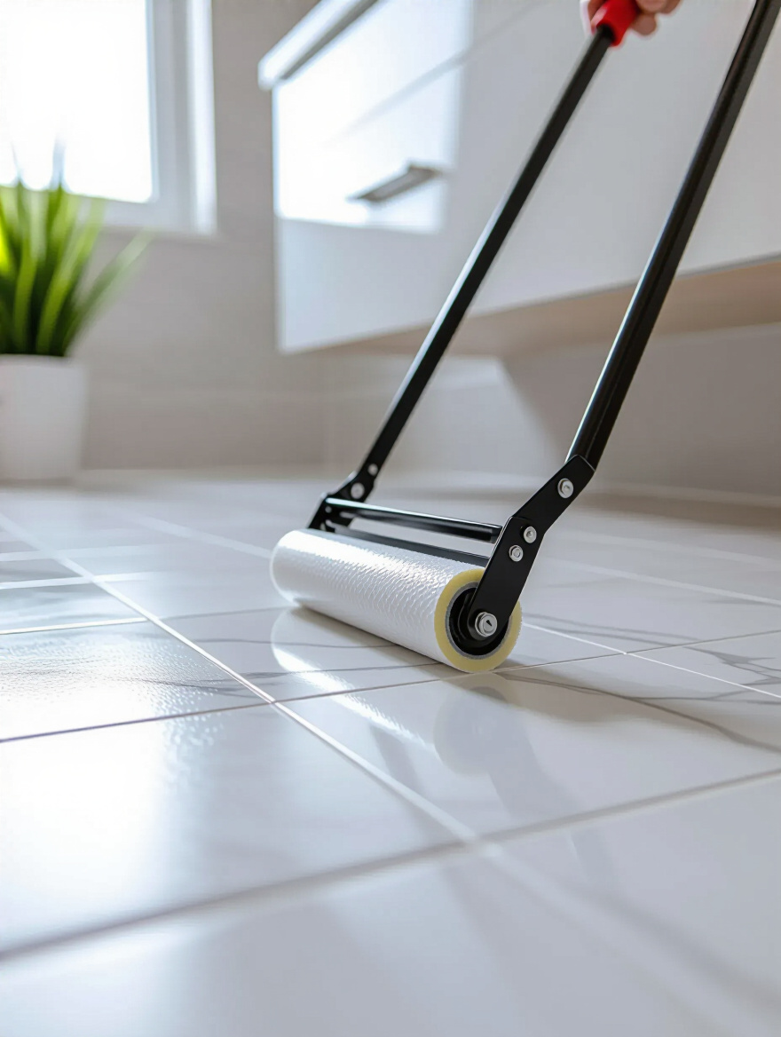 Bathroom floor with white marble-look peel-and-stick tiles being installed, a J-roller is shown smoothing a tile, bright and clean modern aesthetic.