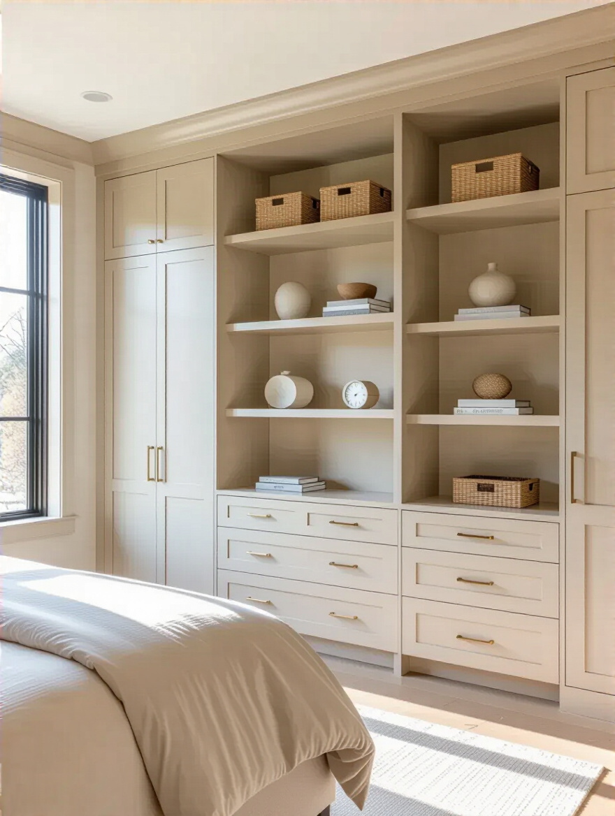 Elegant bedroom with floor-to-ceiling custom built-in wardrobes and shelving in a light finish, providing streamlined organization and a minimalist aesthetic.