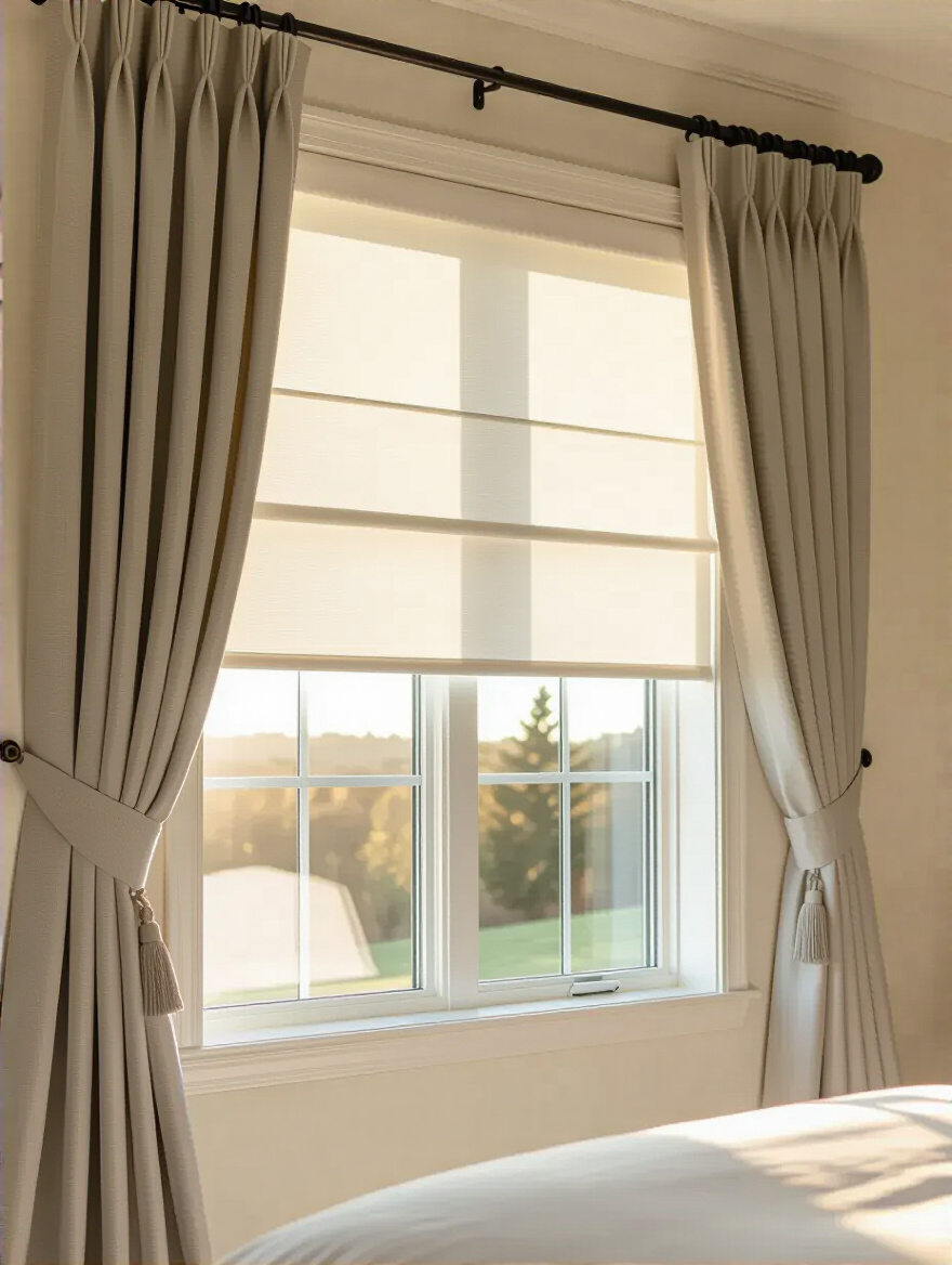 Elegant layered window treatments in a master bedroom with a blackout roller shade behind decorative drapes, ensuring both privacy and light control.