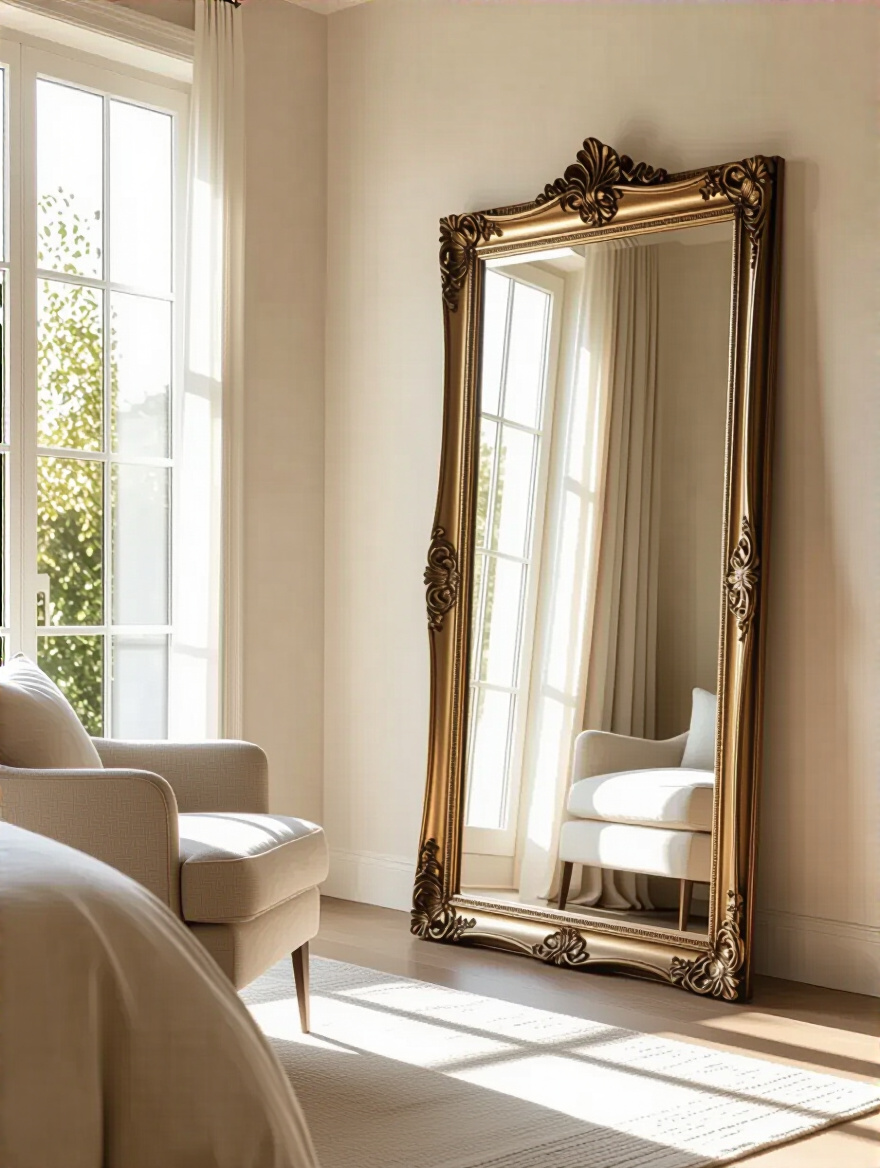 A large, elegant framed mirror strategically placed in a master bedroom to reflect light from a window and visually expand the space, enhancing the room's depth and brightness.