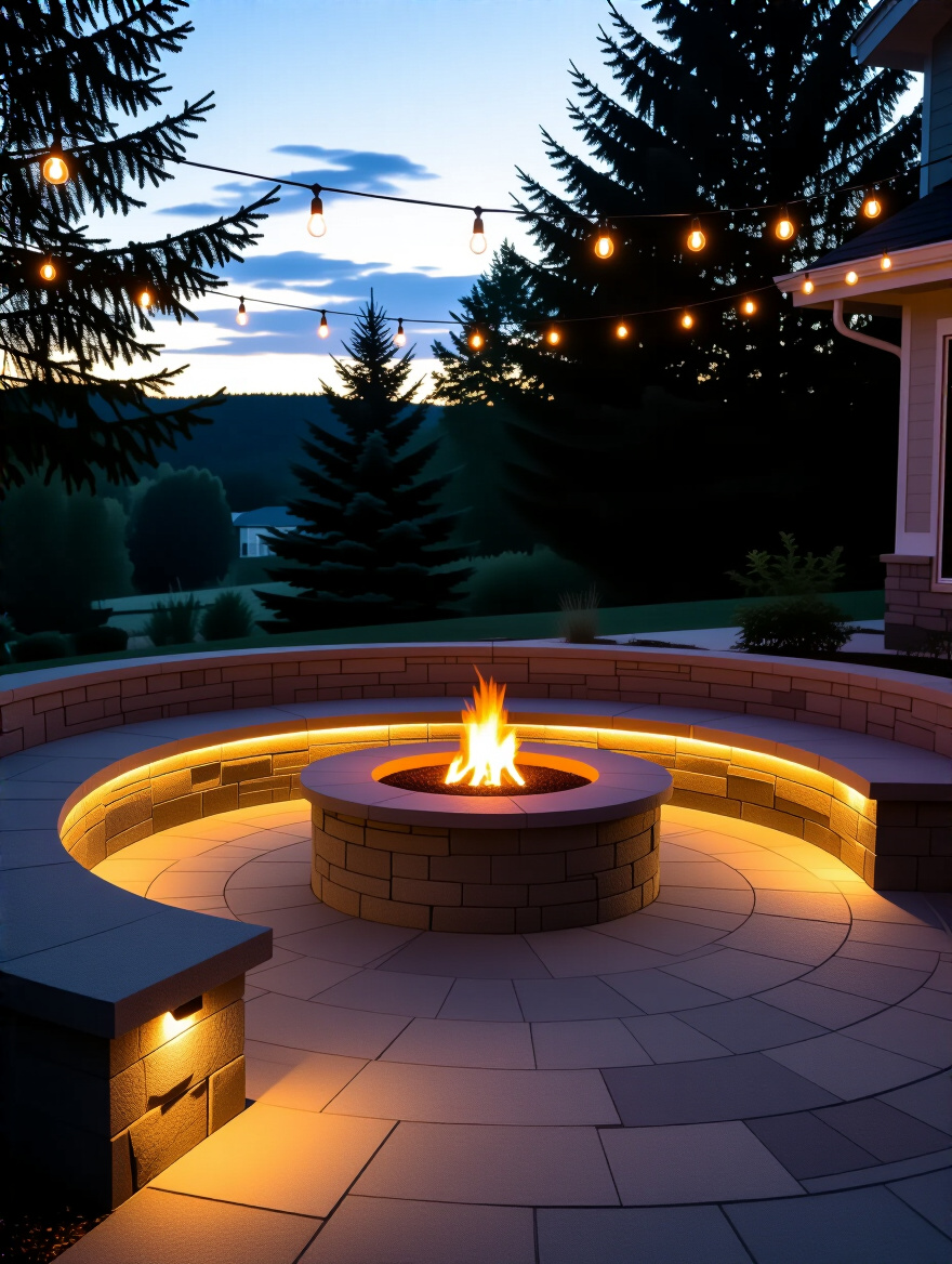 A beautifully lit fire pit area at dusk, featuring a blend of task lighting on pathways and seating, and ambient string lights and uplights creating an enchanting glow.