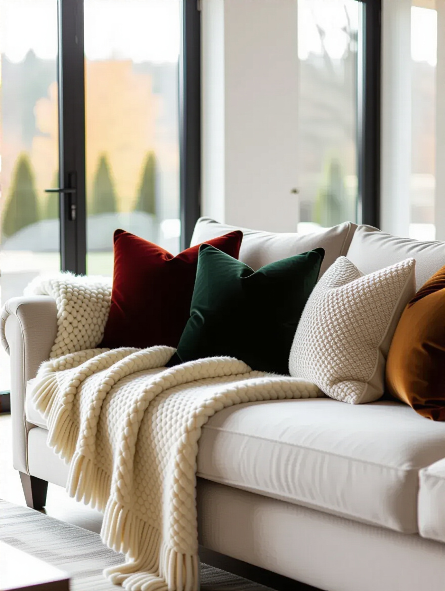 A stylishly arranged modern living room couch featuring a variety of textured throw pillows and a cozy blanket draped over the armrest, emphasizing comfort and decorative texture.
