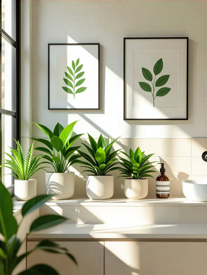 A beautifully designed bathroom showcasing affordable framed art prints and thriving green plants like snake plants and pothos on shelves and a windowsill, creating a welcoming atmosphere.