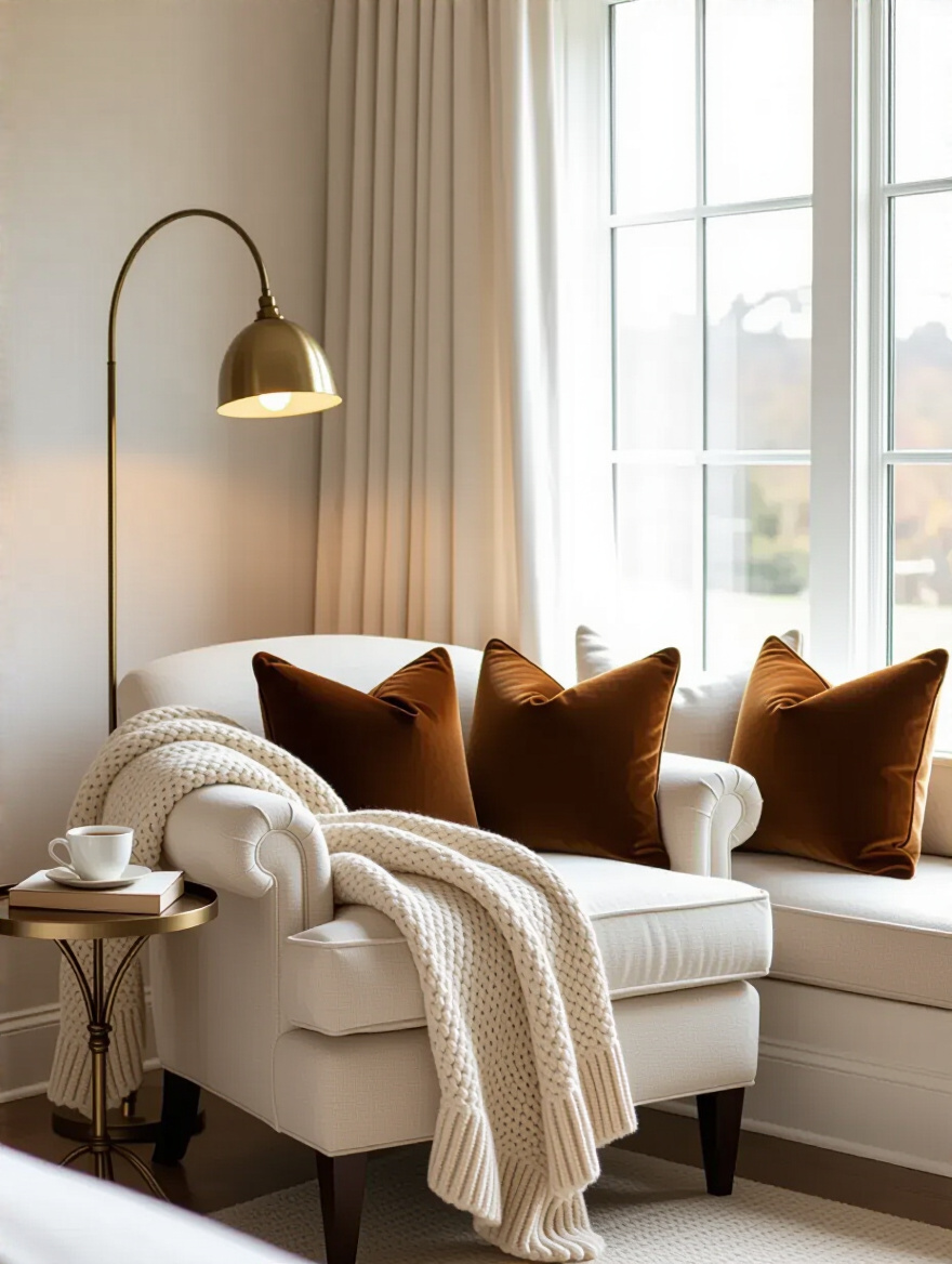 A beautifully decorated cozy seating nook in a master bedroom featuring a plush accent armchair, throw blanket, and a classic reading lamp next to a sunlit window.