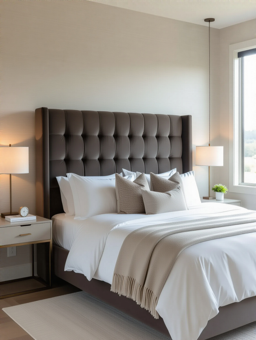 Luxurious upholstered headboard in a master bedroom, elegant charcoal gray velvet, comfortable bedding, interior design, home decor, focal point.