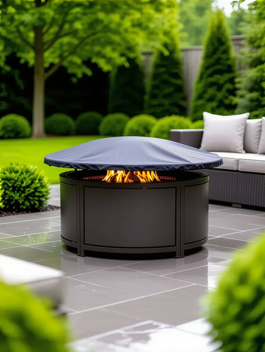 Close-up of a weather-resistant, dark grey fire pit cover snugly fitting over a round fire pit on a patio, demonstrating year-round protection from elements.