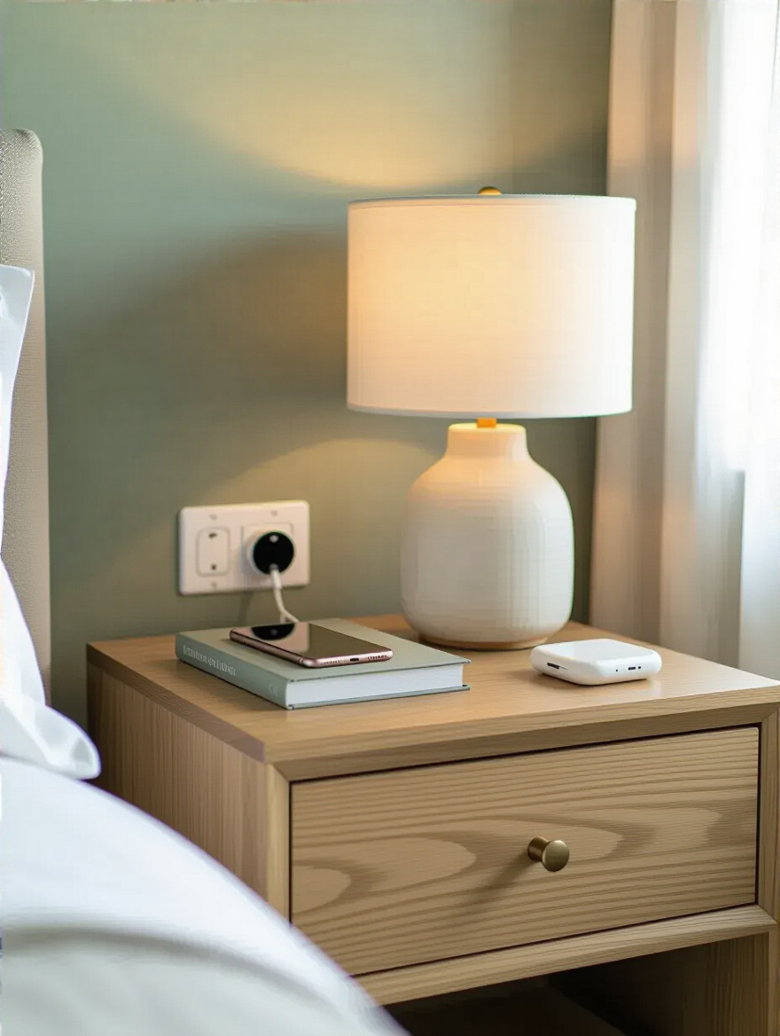 Neatly organized master bedroom bedside table with a stylish lamp and hidden cable management, showcasing a tidy electronic setup.
