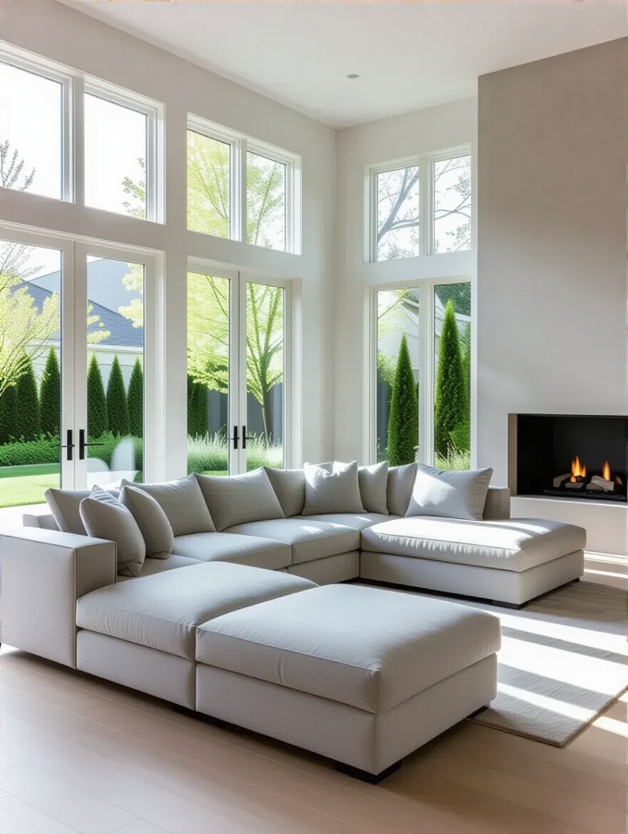 A stylish living room showcasing a perfectly placed grey sectional couch in an open layout, creating clear pathways and maximizing views of a large window and fireplace, bathed in soft natural light.