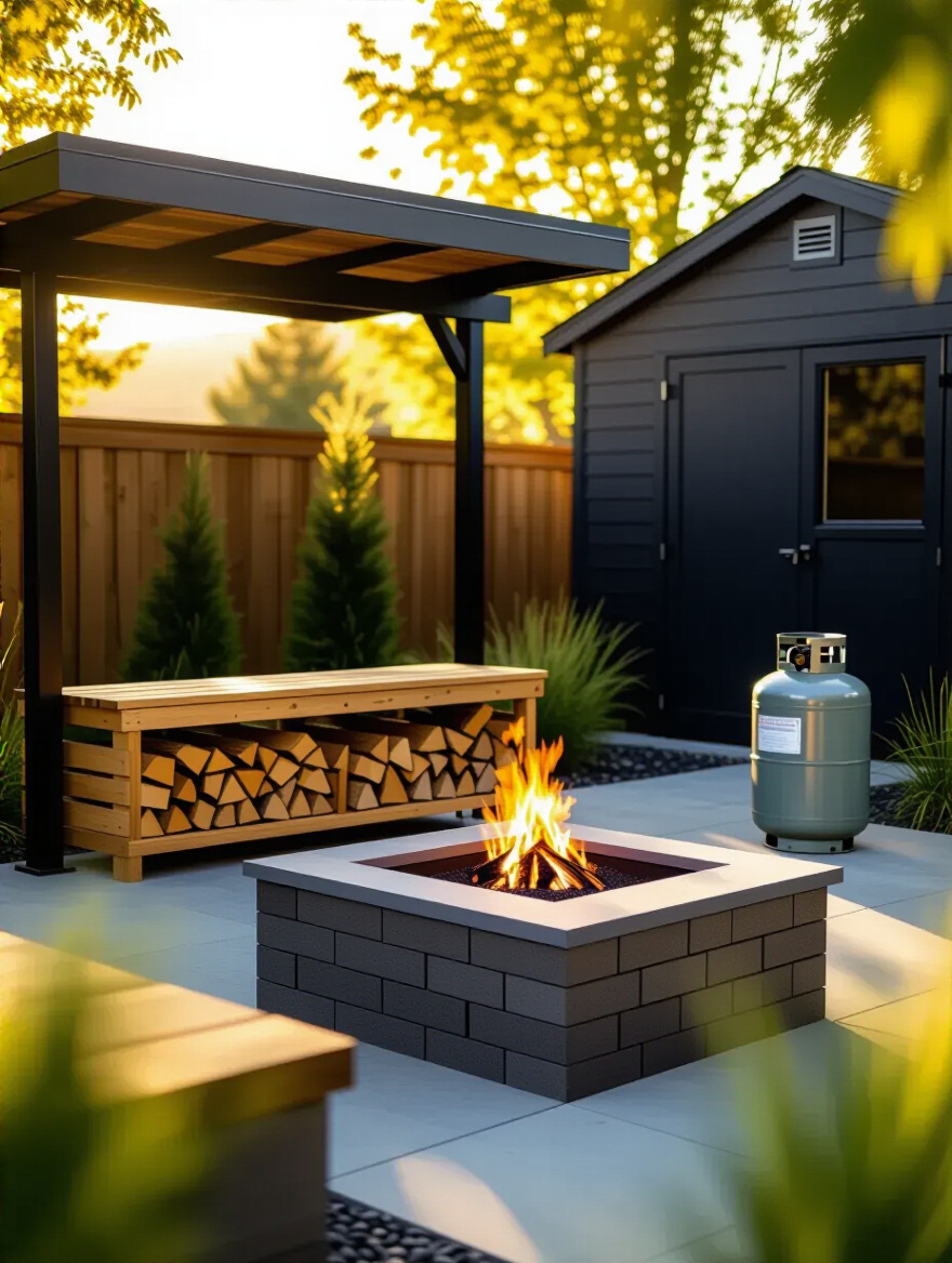 A safely organized outdoor area with firewood stacked in a covered, ventilated rack away from a structure, and a propane tank stored upright outdoors in a garden setting.