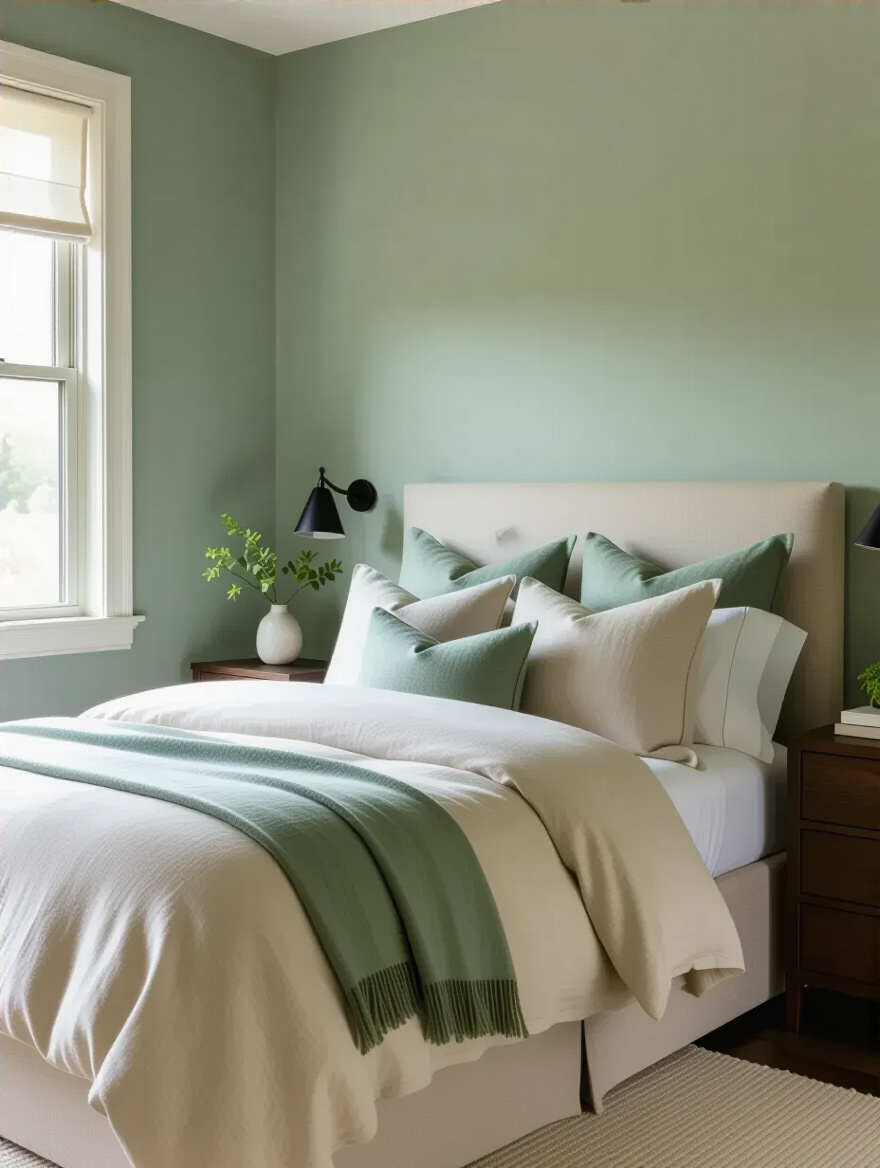 A serene bedroom with walls painted in a soft sage green, light cream linen bedding, and dark wood accents, showcasing a tranquil color palette under gentle natural light.