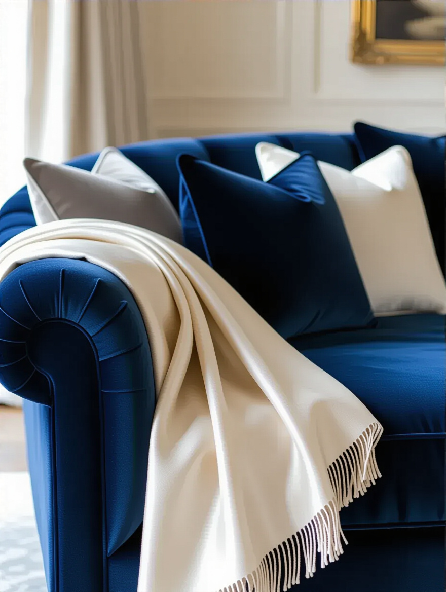 Close-up of a luxurious living room sofa with layered textiles, featuring deep sapphire velvet, a silk throw, and cashmere cushions, emphasizing texture and opulence.