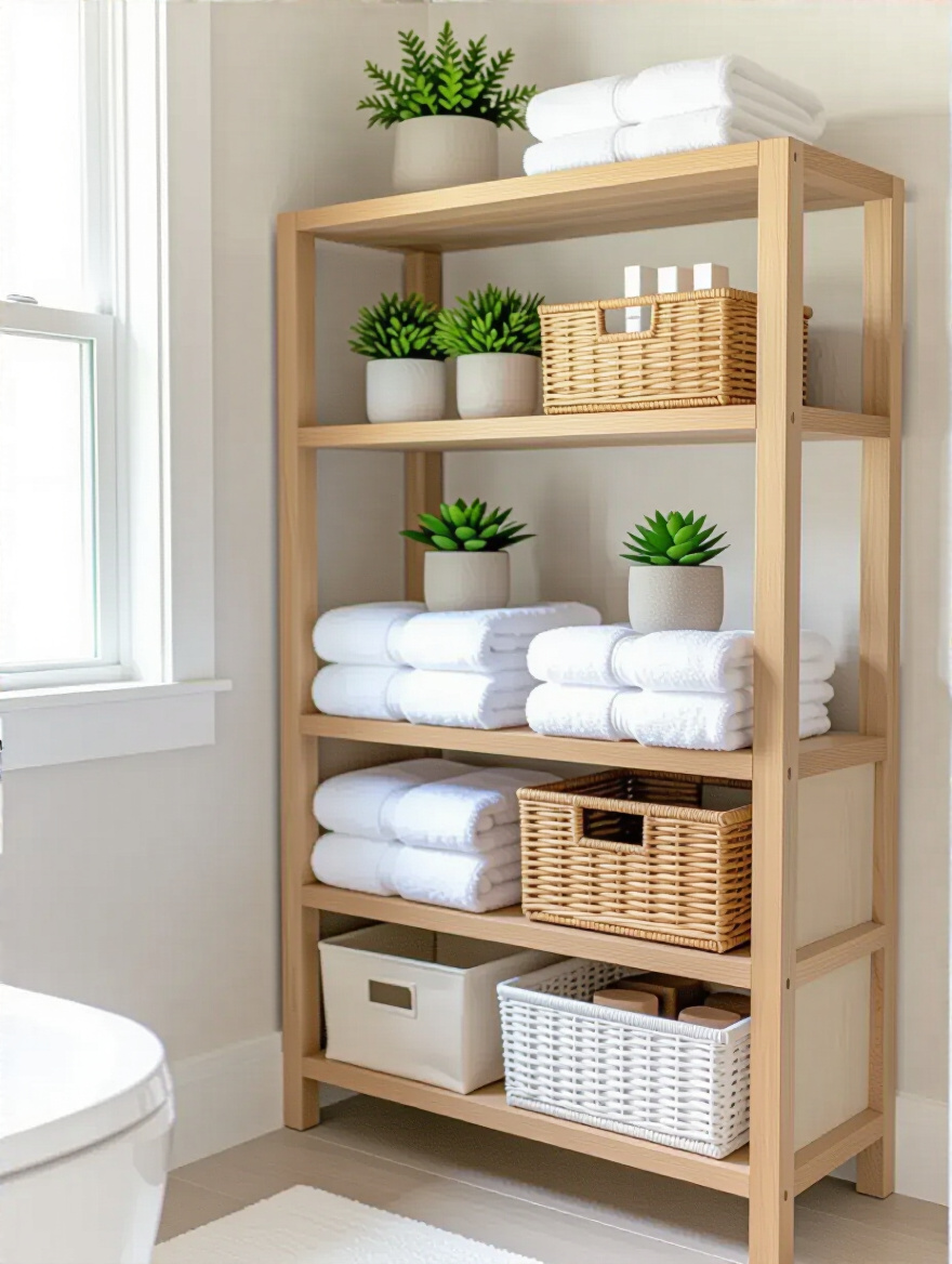 Bathroom with affordable light wood over-the-toilet shelving and floating shelves filled with various organized baskets for towels and toiletries, showcasing budget-friendly storage solutions.