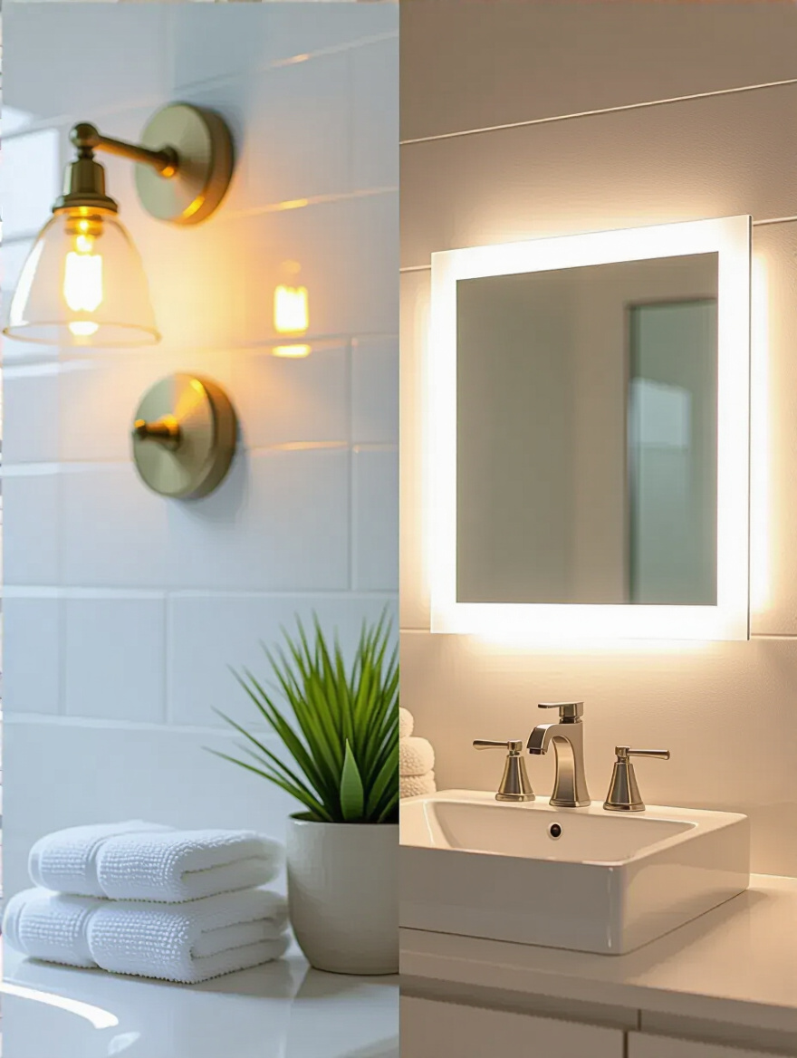 A renovated bathroom vanity showing a partial outdated brass light fixture next to a new, sleek LED chrome light bar, illustrating improved brightness and a contemporary aesthetic.