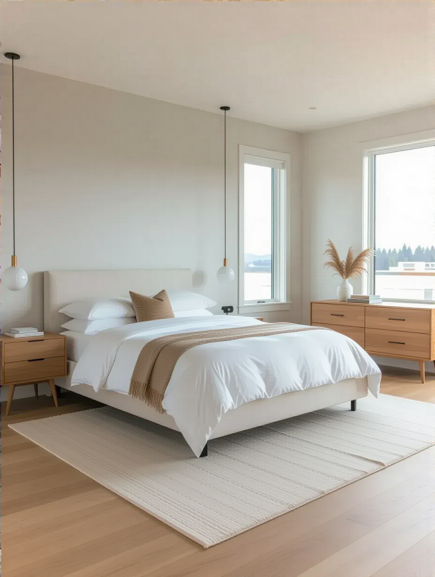 Optimized bedroom furniture arrangement showing clear pathways and spacious movement around a king-sized bed, dresser, and nightstands.