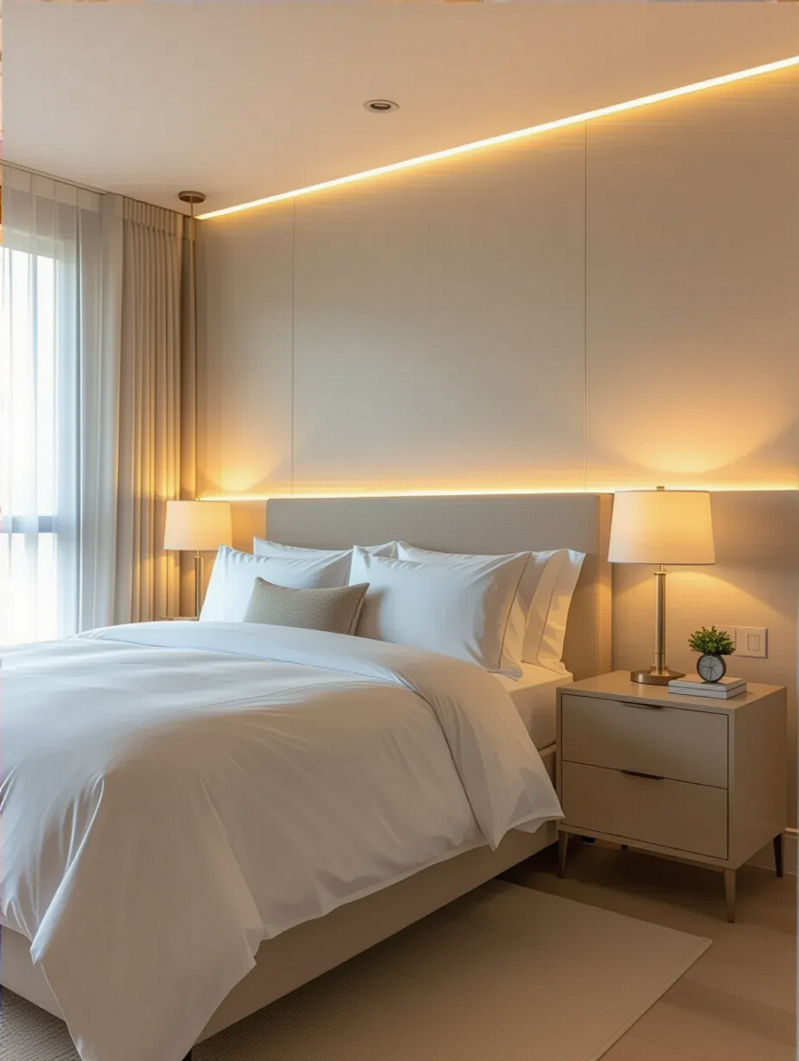 Elegant master bedroom with optimized layered lighting. Features dimmable recessed lights, a warm glowing bedside lamp for task lighting, and subtle LED accent lighting behind the headboard, creating a sophisticated and tranquil atmosphere.