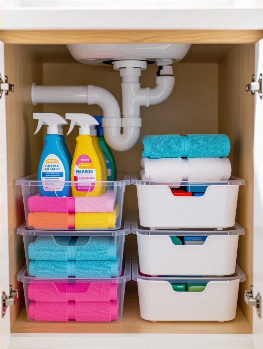 A perfectly organized bathroom under-sink cabinet featuring clear plastic bins, stackable drawers, and neatly arranged toiletries and cleaning supplies around the plumbing pipes, demonstrating efficient under-sink clutter organization.