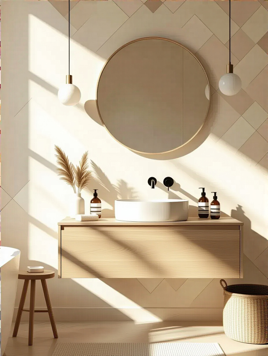 A modern bathroom wall features a geometric patterned peel-and-stick wallpaper being applied, showcasing an elegant and budget-friendly bathroom decor transformation.