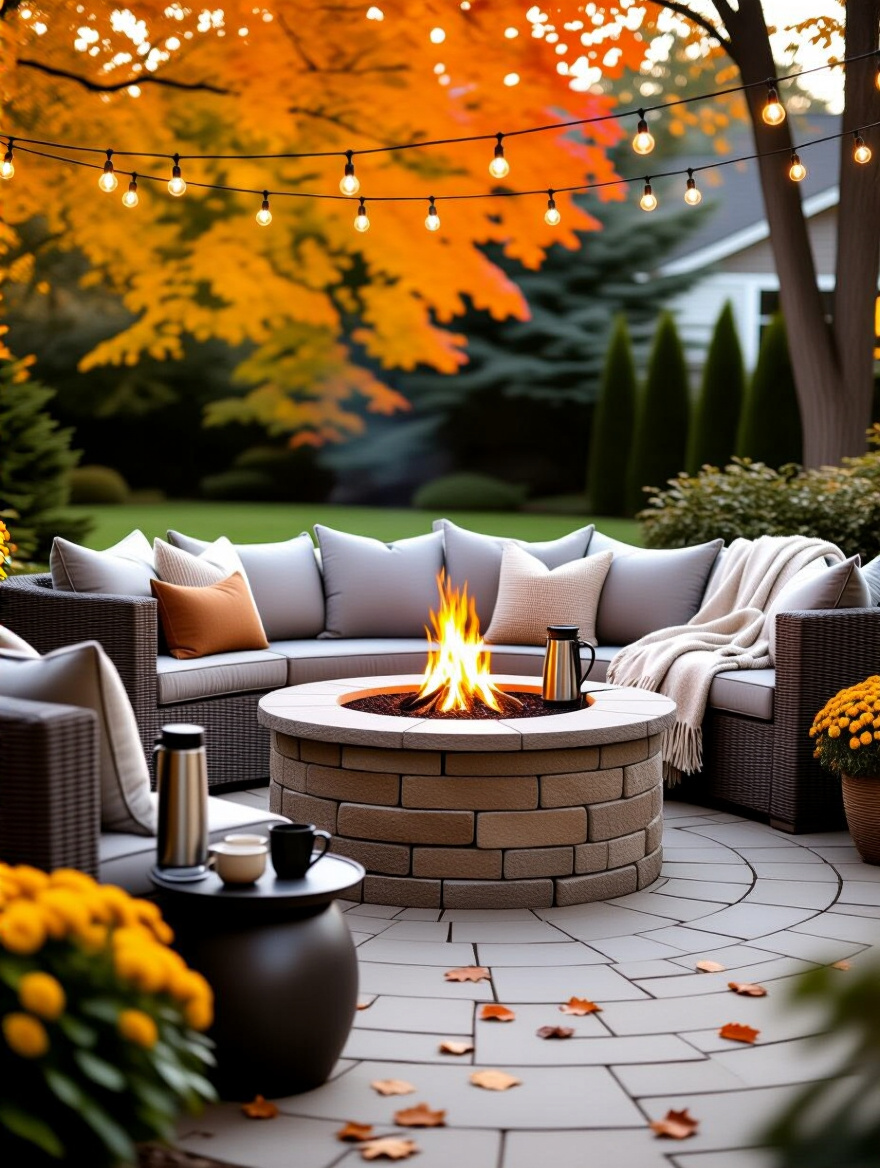 Cozy backyard fire pit area decorated for year-round enjoyment and themed gatherings, with comfortable seating, warm string lights, and blankets.