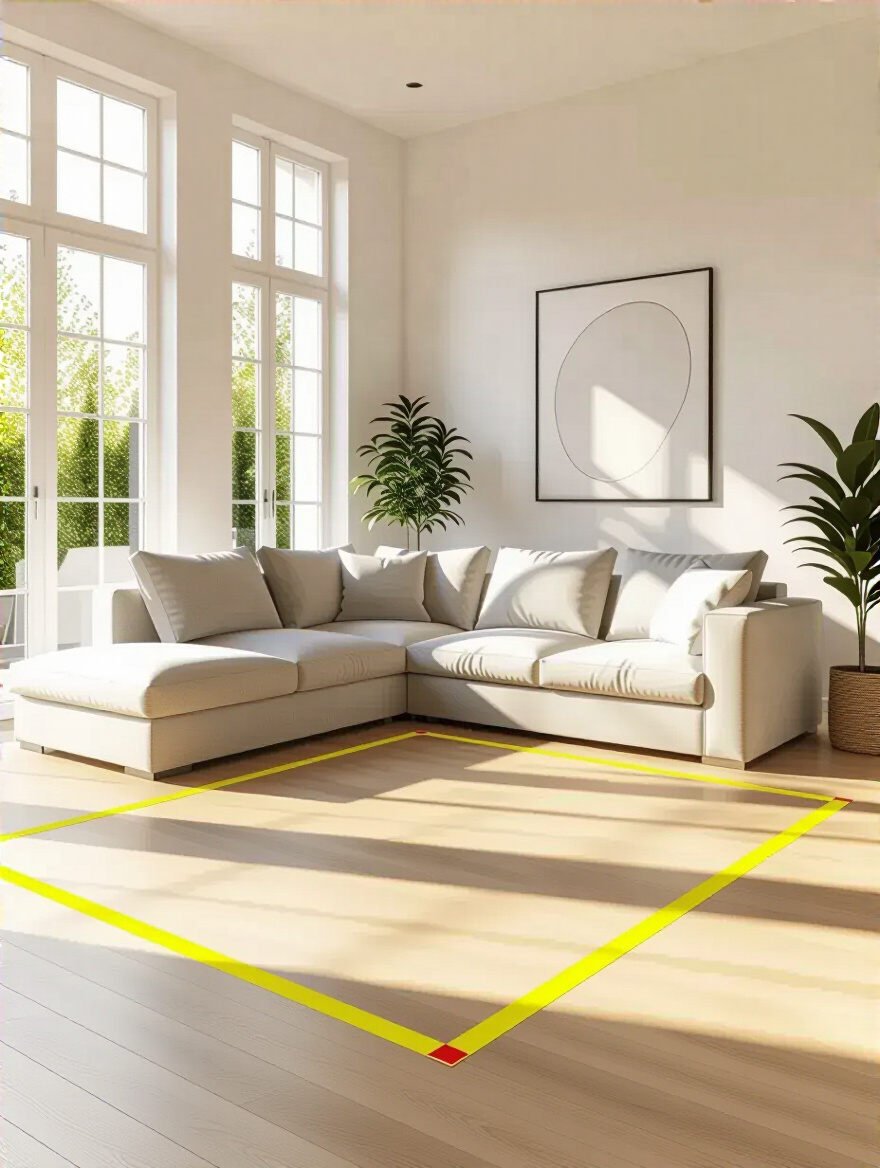 A beautifully organized living room with painter's tape on the floor marking the planned footprint of a new couch, ready for precise placement and optimal flow.