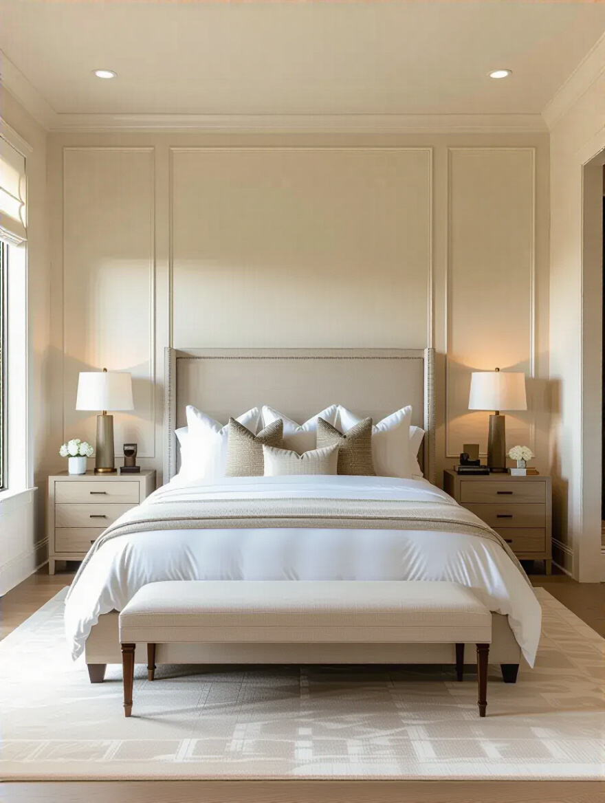 Luxurious master bedroom with a large, centered bed as the focal point, featuring elegant nightstands and a neutral color palette, showcasing optimal bed placement.