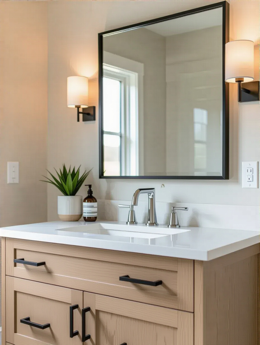 Budget bathroom makeover focusing on high-impact updates, featuring a refreshed vanity with new paint, hardware, mirror, and lighting, demonstrating excellent return on investment