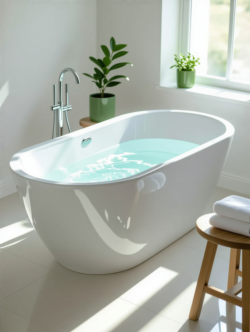 A sparkling white, newly refinished freestanding bathtub in a bright, modern bathroom, showcasing a successful bathtub resurfacing project.