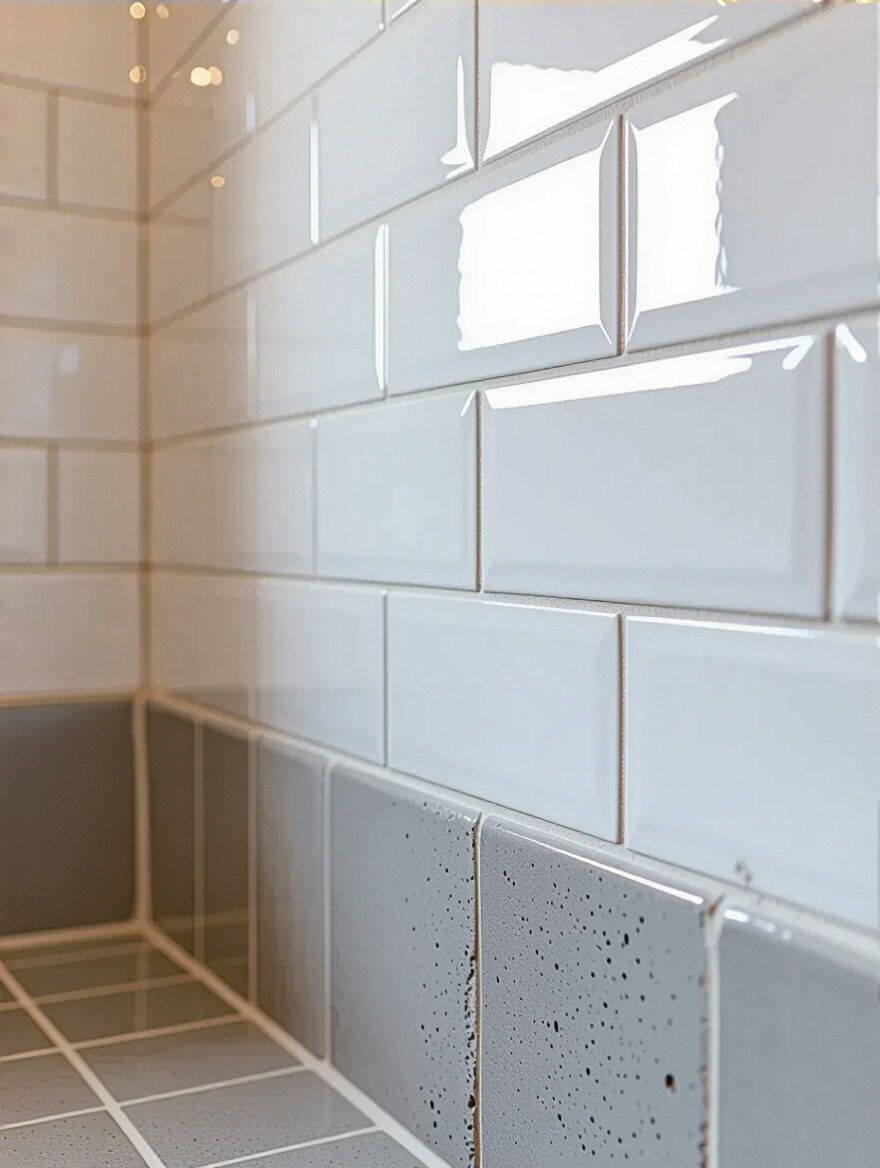 Close-up of bathroom wall tile with old, dirty grout transitioning to new, clean, bright white grout, showcasing the significant visual improvement after regrouting worn surfaces.
