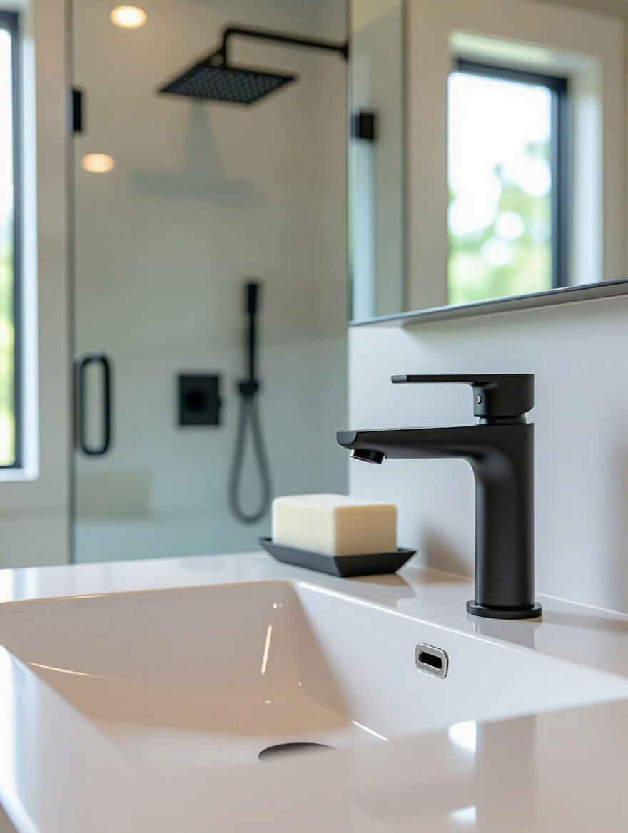 Modern bathroom vanity with a sleek matte black faucet installed over a white sink, with a matching showerhead visible in the background, symbolizing a fresh bathroom upgrade.