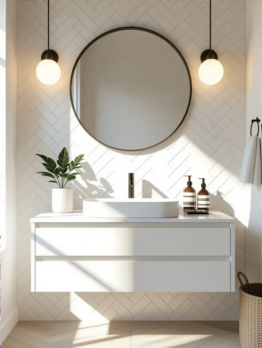 Modern bathroom with an elegant herringbone pattern peel-and-stick tile accent wall, minimalist white vanity, and a round mirror under natural lighting.
