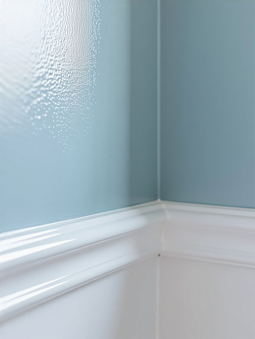 A smooth, freshly painted light blue-grey bathroom wall corner with clean white trim, reflecting a subtle sheen, emphasizing a revitalized and clean appearance.