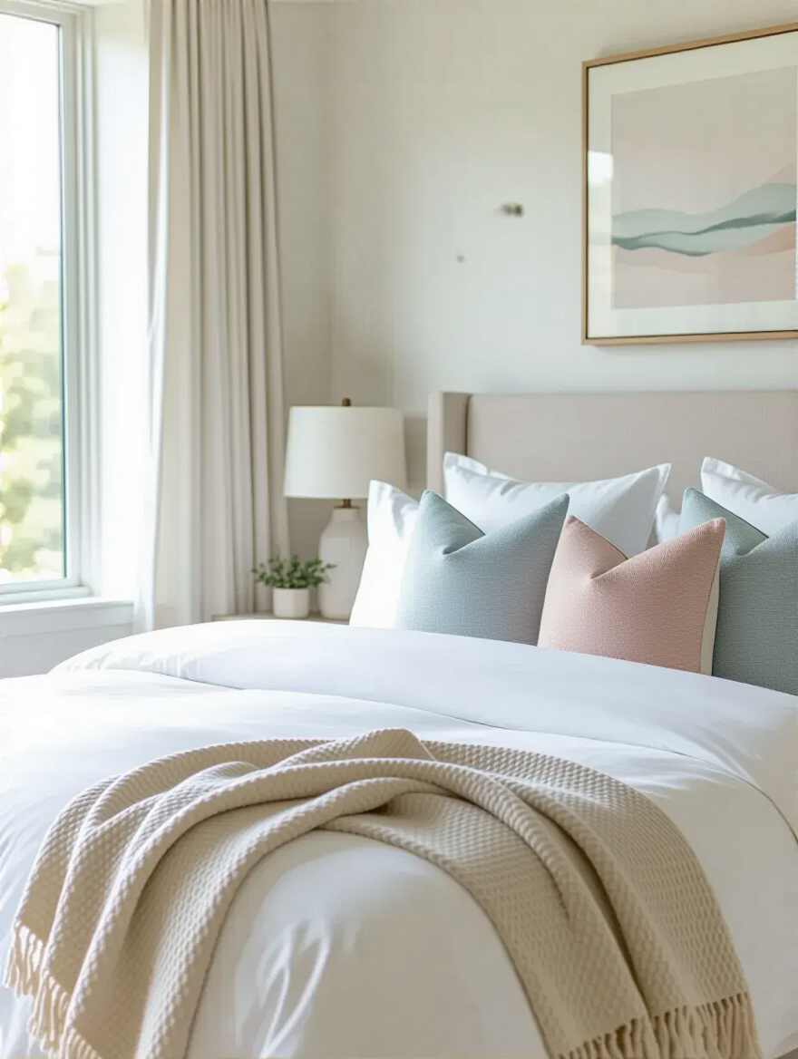 A serene master bedroom showing a bed dressed with light, fresh seasonal soft furnishings, including white linen bedding and pastel throw pillows, evoking a spring or summer ambiance.