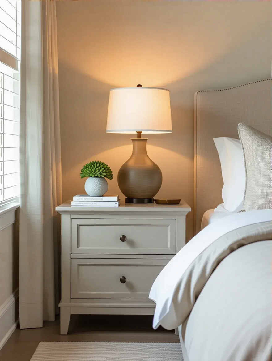A beautifully styled practical and aesthetically pleasing nightstand in a serene master bedroom, showcasing smart storage and elegant decor.