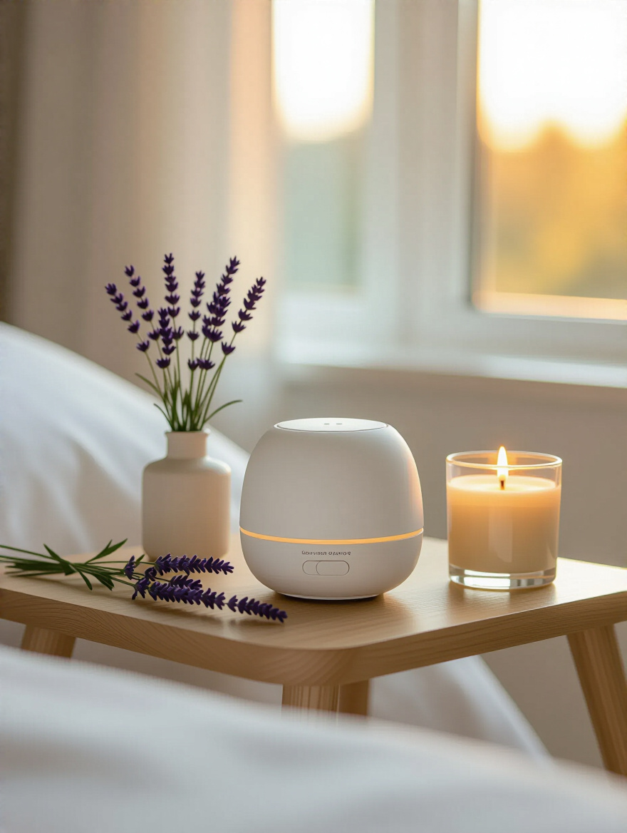 An elegant white ceramic ultrasonic essential oil diffuser next to a sprig of lavender on a minimalist wood bedside table in a master bedroom, demonstrating soothing scented elements.
