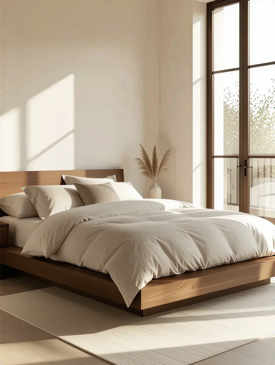 Modern wooden platform bed frame with pristine white linens in a serene bedroom, emphasizing ideal comfort and style for a restful sleep.