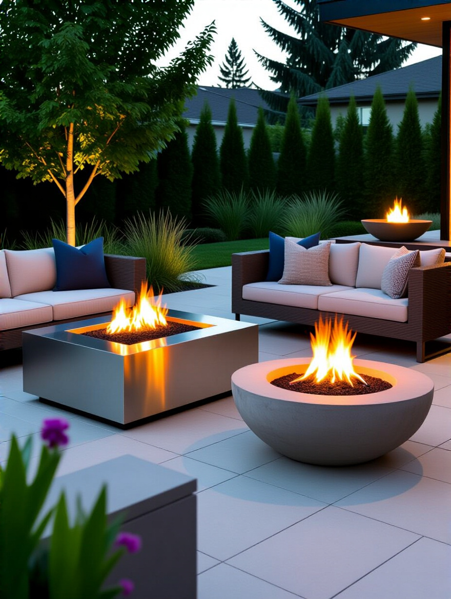 Assortment of modern fire pits showcasing various materials like stainless steel, natural stone, and concrete in different backyard settings.
