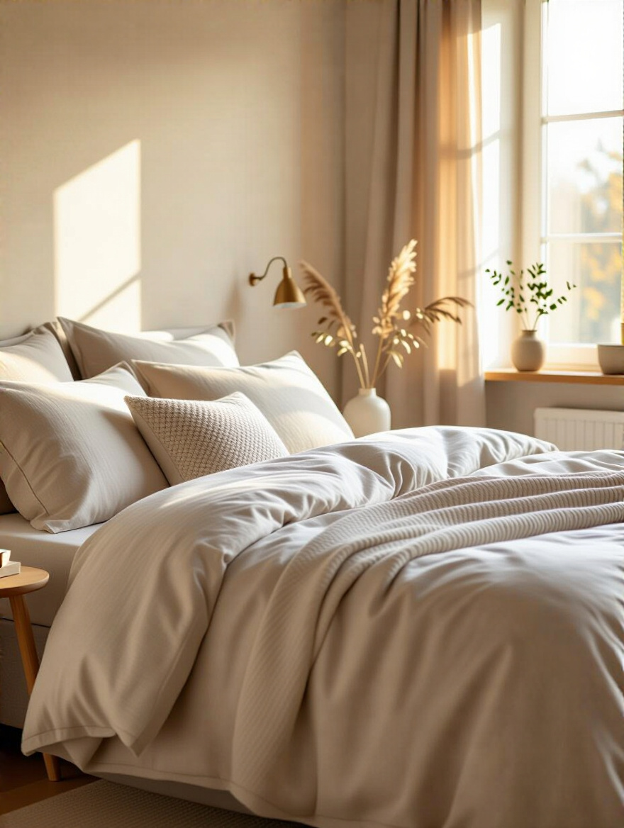 A serene, professionally designed bedroom reflecting a well-planned budget, featuring a comfortable bed, natural light, and tasteful decor. No visible elements related to financial tracking.