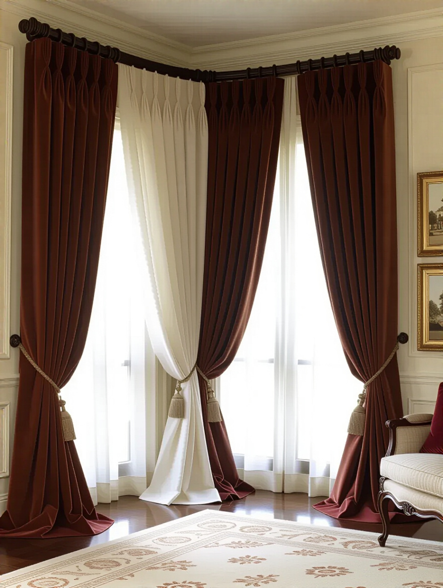Luxurious living room featuring custom velvet drapes with elegant puddle detailing and sheer linen curtains over floor-to-ceiling windows, showcasing sophisticated window treatments and rich fabric textures in a grand interior setting.