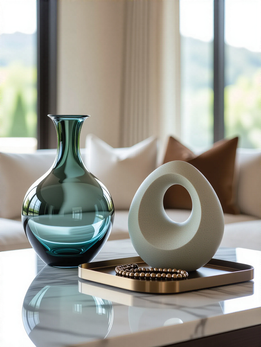 A portrait image of a luxurious living room vignette, featuring a tall hand-blown glass vase, an abstract ceramic sculpture, and a polished metal tray on a marble console table, showcasing high-quality decorative objects.