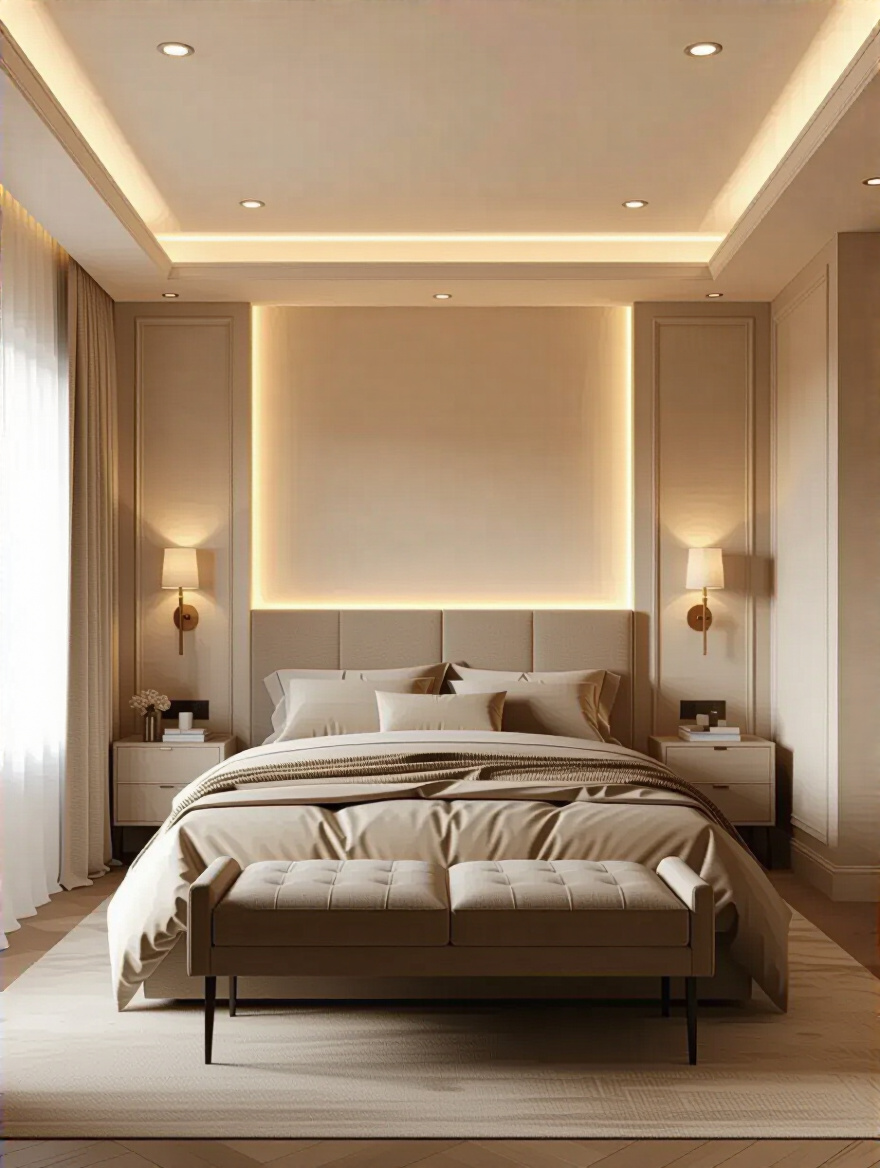 Sophisticated master bedroom featuring layered lighting with recessed ceiling lights, wall-mounted reading sconces, and subtle cove lighting creating warm ambiance and functionality.