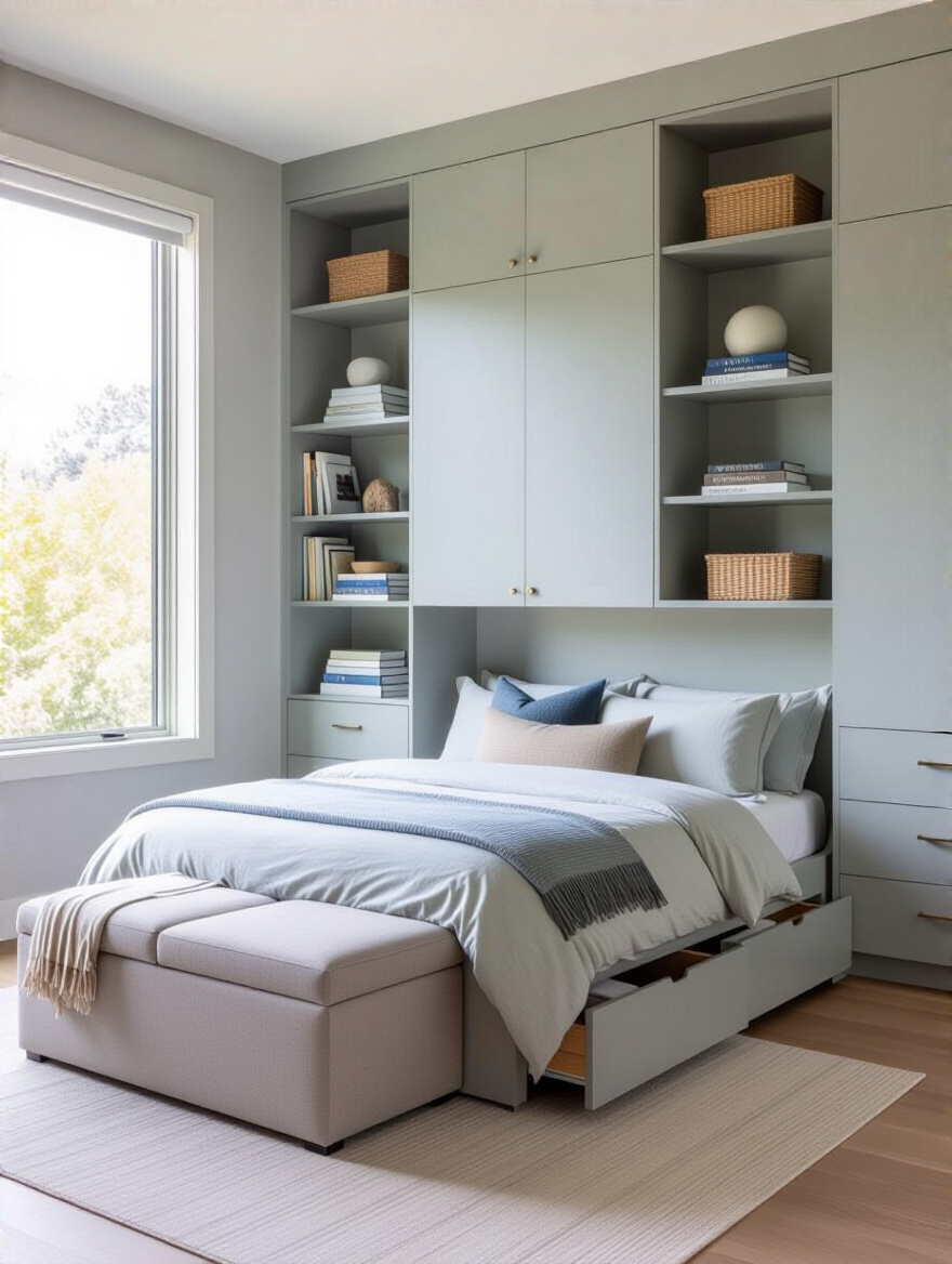A serene bedroom showcasing smart storage solutions with a bed featuring built-in drawers, a built-in wall unit with shelving, and a storage ottoman, all contributing to an organized and calm atmosphere.